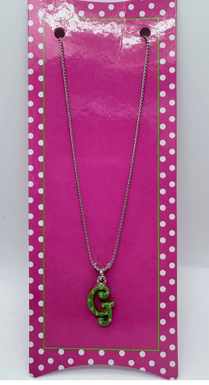 Initial “G” Pendant in Lime Green Polka Dots On Silver-Tone Chain